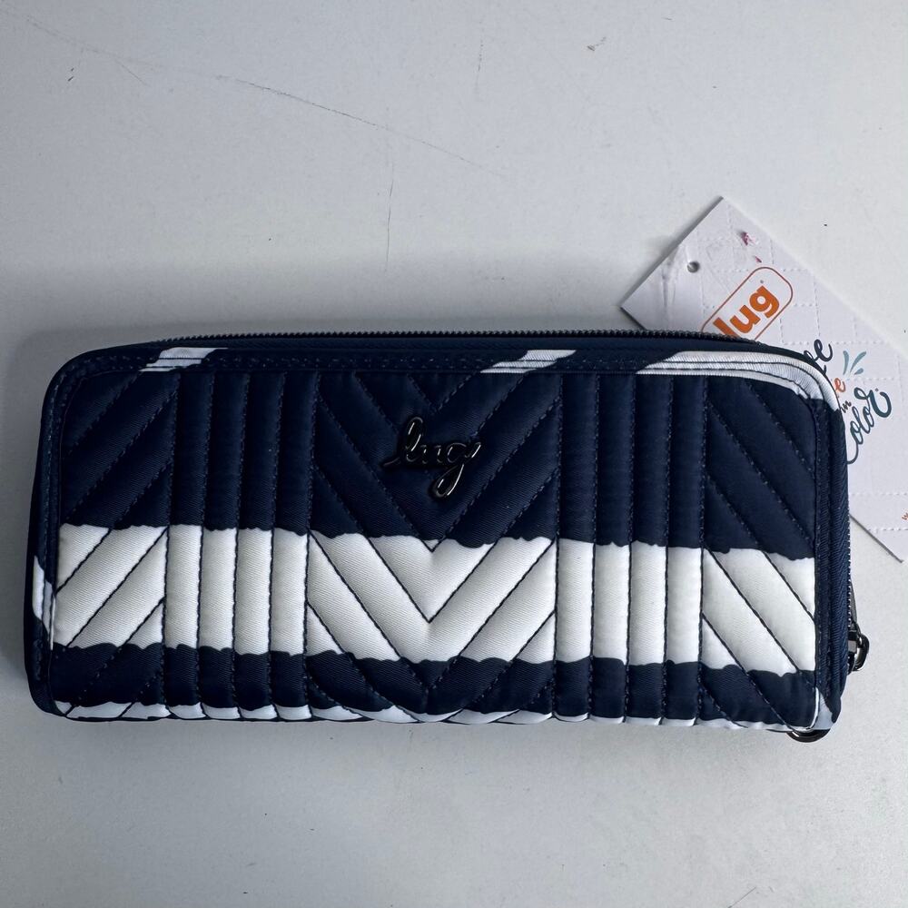 NWT Lug Straddle Zip Around Wallet Wristlet Navy Stripe RFID Card Organizer